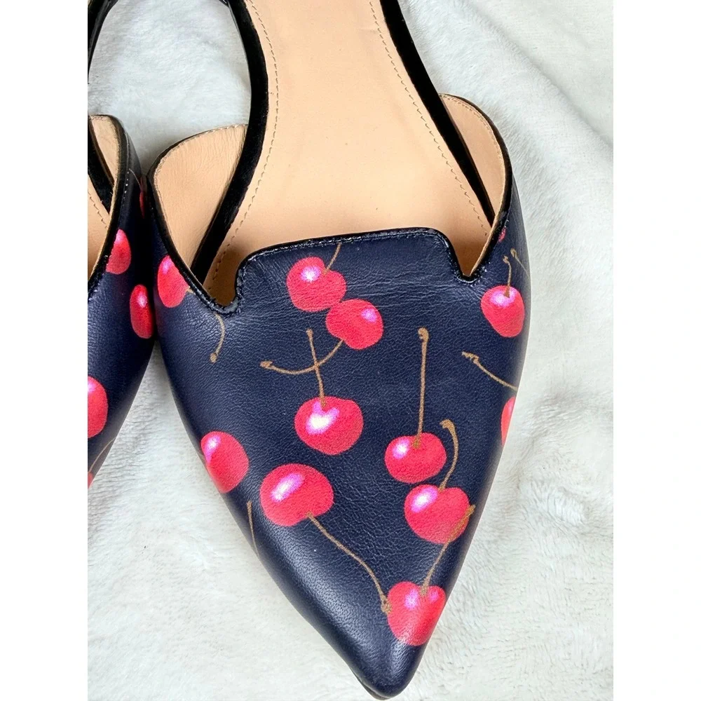 J.Crew Women Cherry Print D'Orsay Flats Size 11 Black Red Pointed Toe Leather